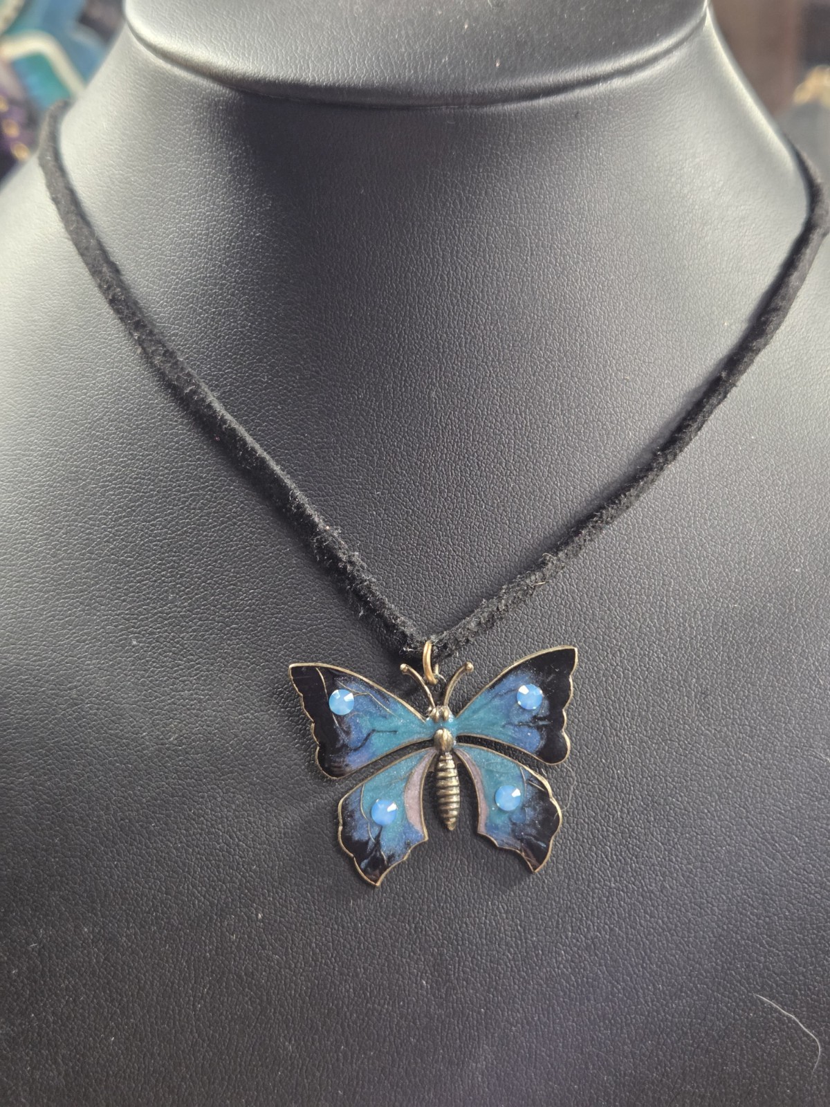 Anne Koplik Designs Blue Enamel Butterfly Pendant Necklace 18″ Leather Cord USA