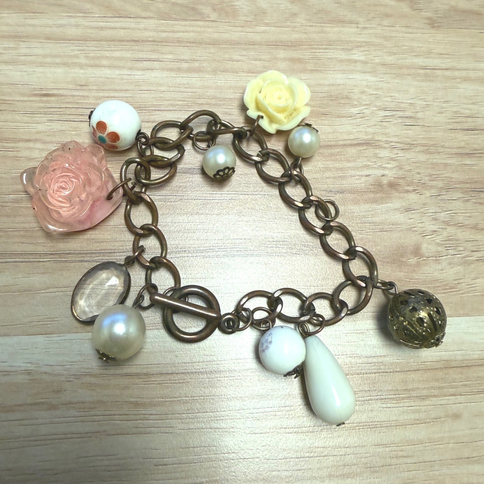 Vintage Style Floral Charm Bracelet Antique Bronze Pink Rose Faux Pearl Toggle