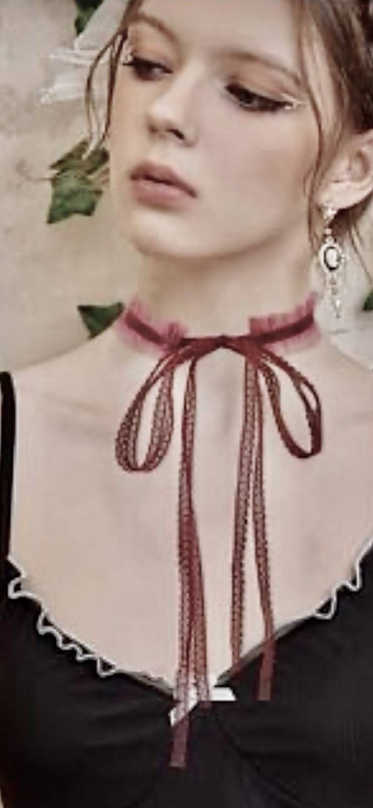Burgundy Velvet Lace Ruffle Choker Necklace Gothic Victorian Coquette Tie Neck
