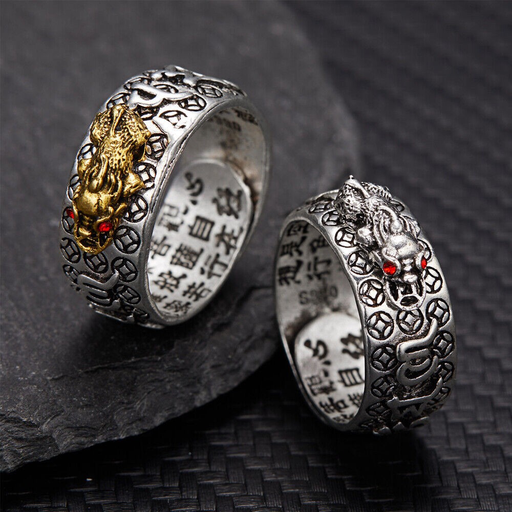 Auspicious Feng Shui Pixiu Ring Adjustable Ring Buddha Charm Ring Silver Gold US