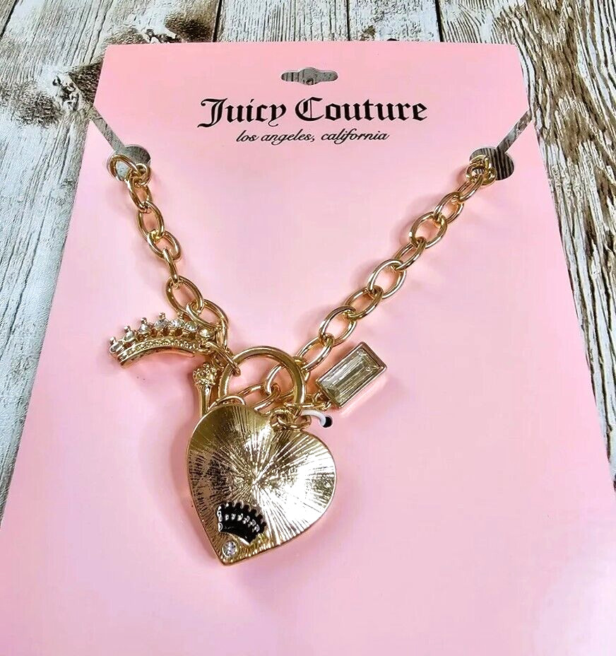 Juicy Couture Pink Enamel 1″ Heart Charm Crown 17″ Toggle Pendant Necklace NWT