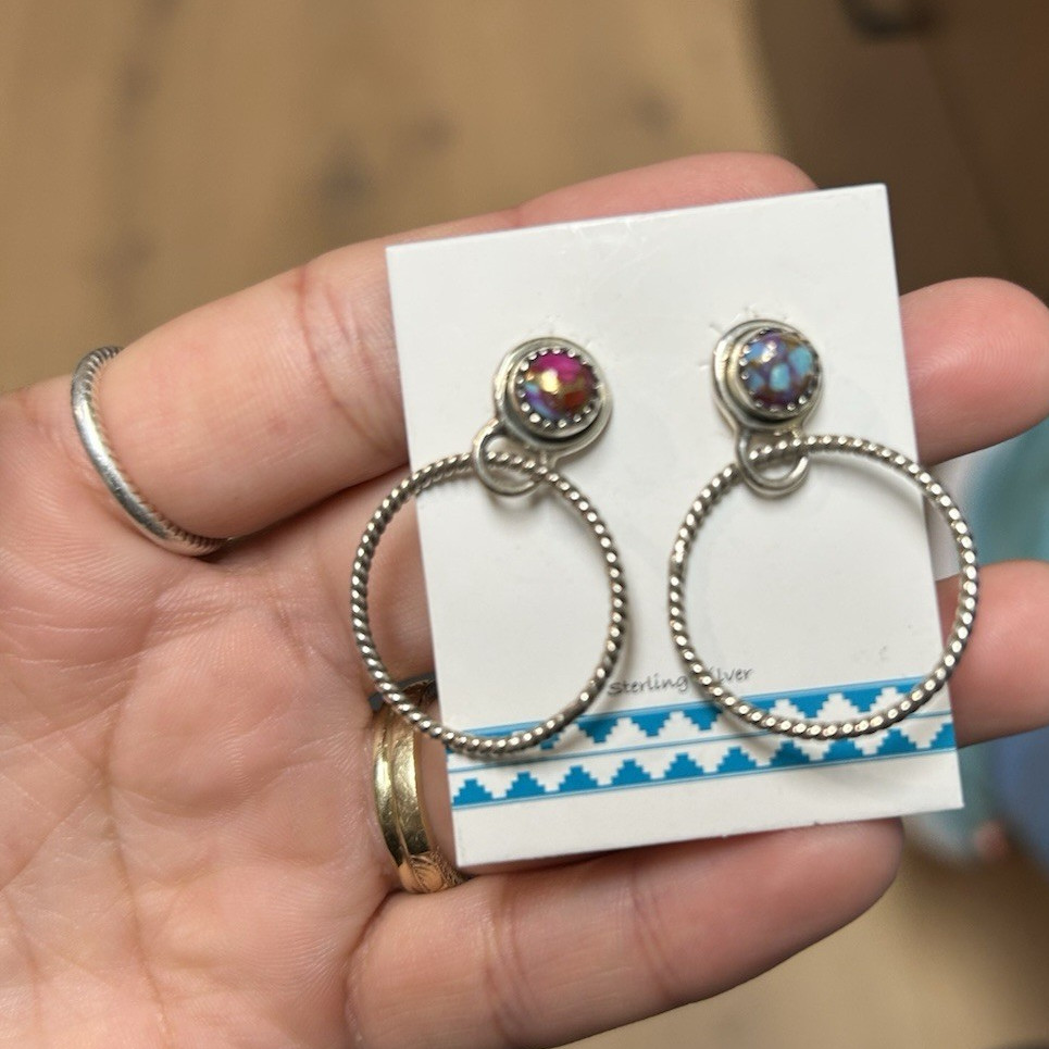 Twisted rope hoop earrings with post on stud and cotton candy stone.