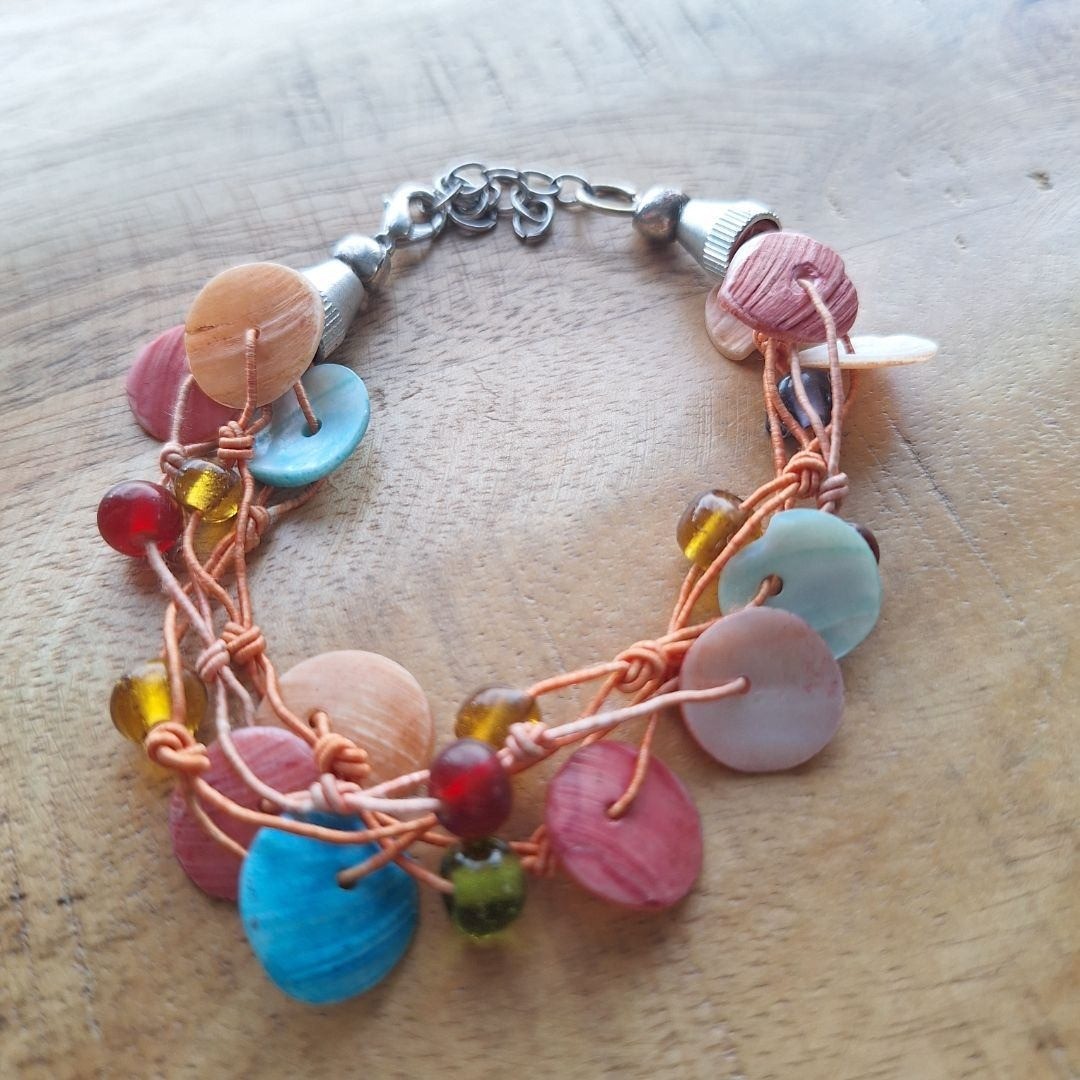 Boho Bracelet with Shells and Glass Beads, Colorful Adjustable Jewelry