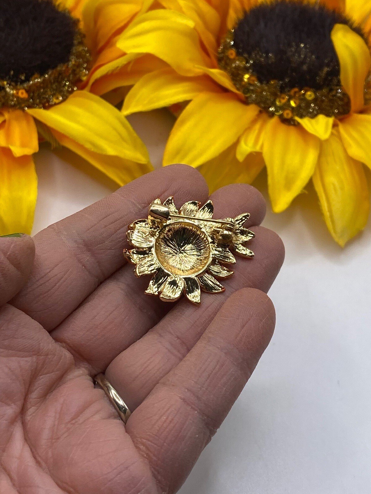Sunflower Brooch, Orange Flower & Cute Bee Multicolored Crystals Costume Jewelry