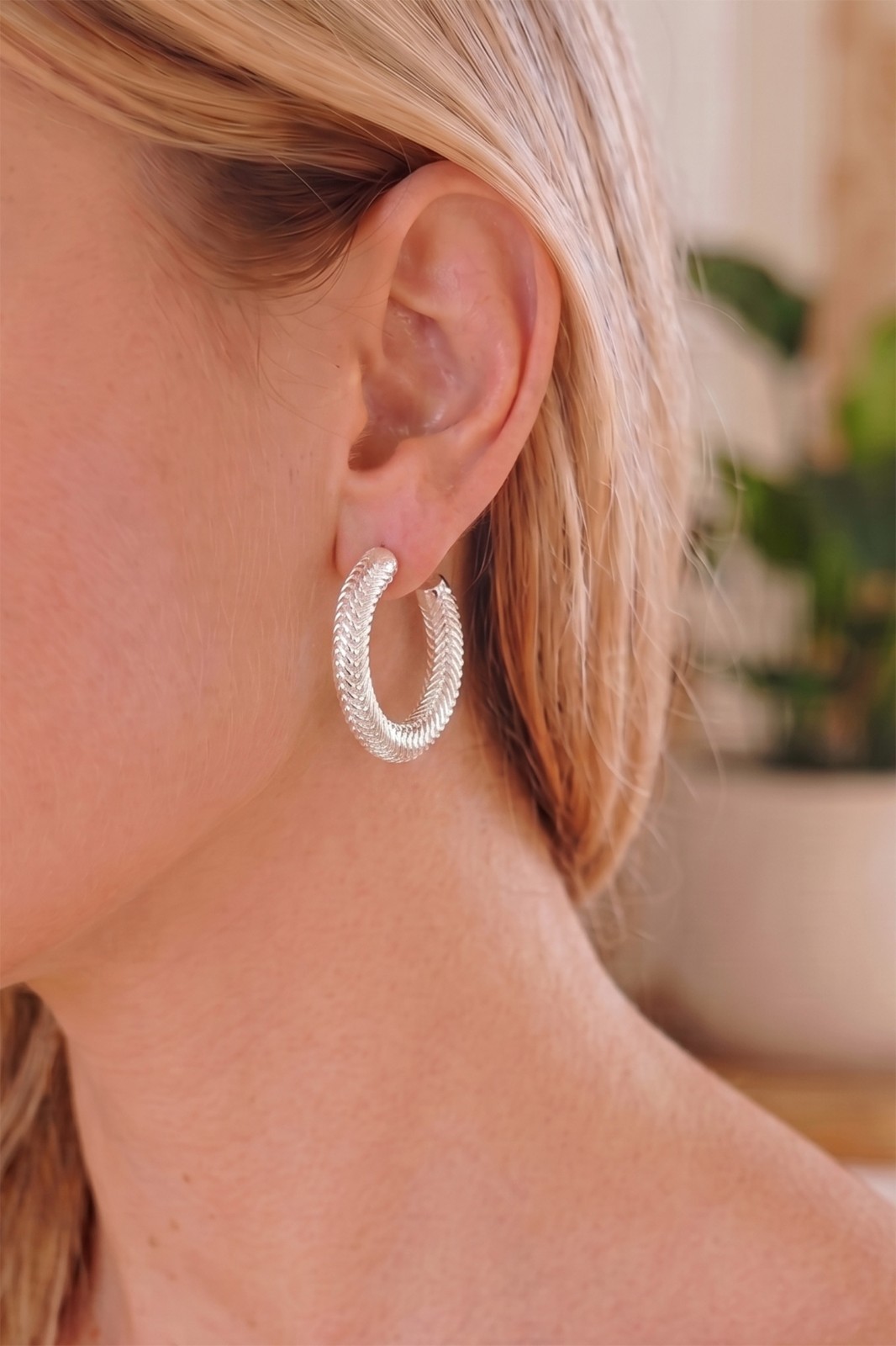 White Gold Plated Brass Hollow Chevron Textured Open C Hoop Earrings 1.15 In