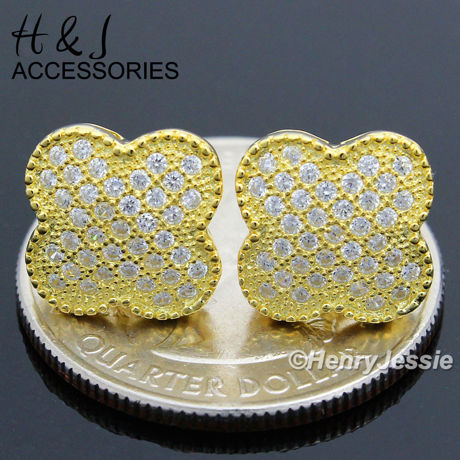 WOMEN 925 STERLING SILVER 10MM CZ FLOWER SHAPE GOLD PLATED STUD EARRING*E84