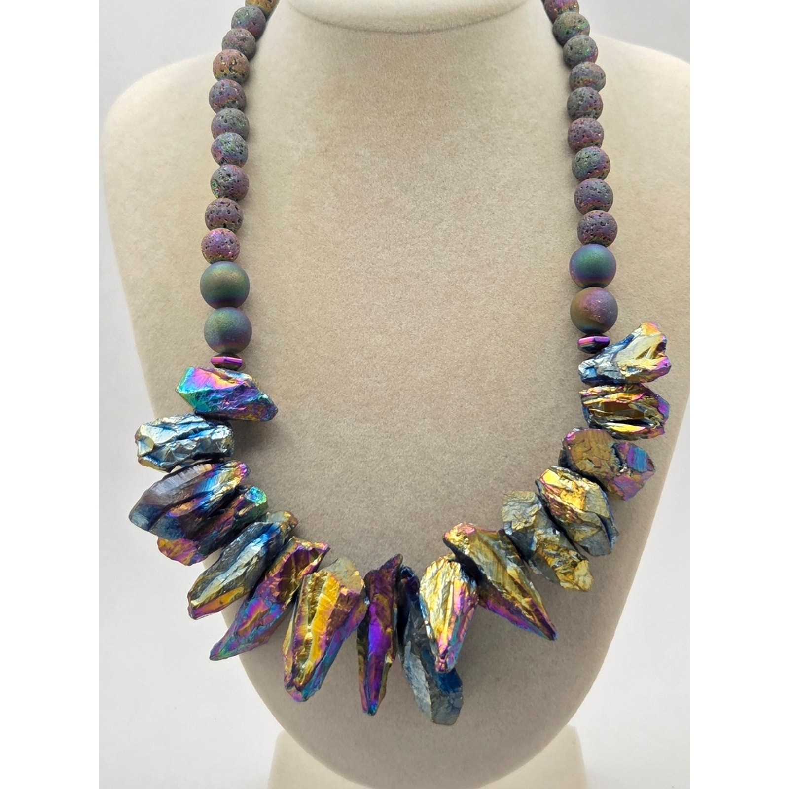 Raw Rainbow Aura Titanium Quartz & Lava Rock Statement Bib Necklace – 16″