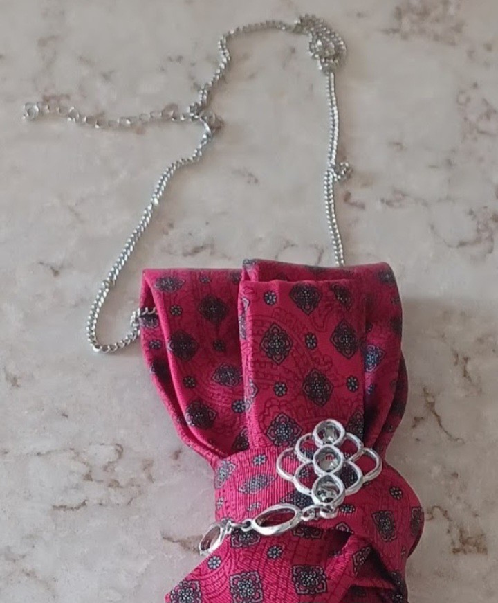 Handcrafted Necktie Necklace Silver Brooch