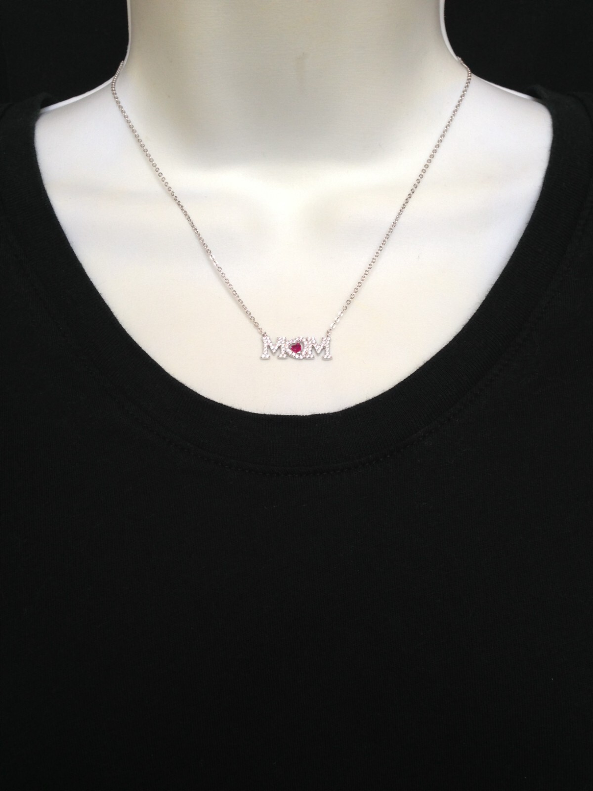 925 Sterling Silver CZ Pink Heart Mom Script Pendant Necklace 20mm 17.25″