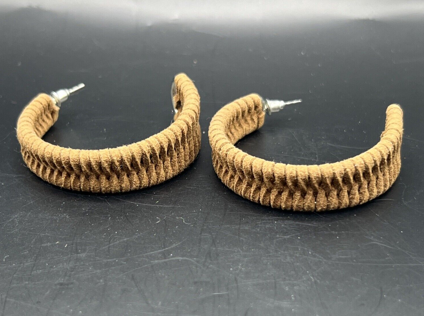 Earrings Half Hoop Chunky Braided Leather Boho Western Friction Back
