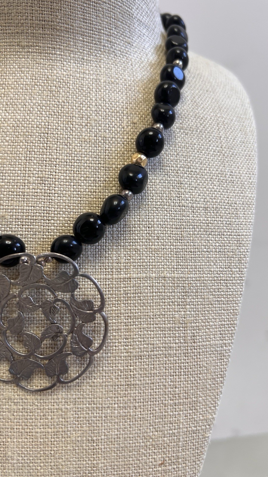 black onyx statement necklace large floral pendant, silver and gold beads, used
