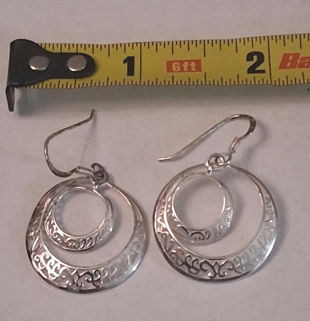 Vtg Sterling Silver Dbl Hoop Dangle Drop Hook Earrings Round .925