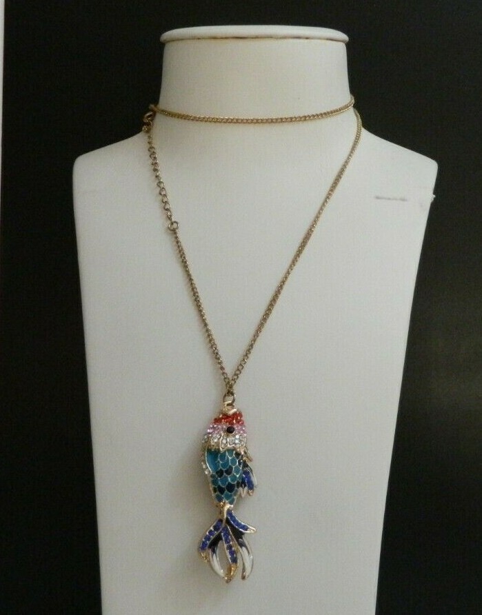 Colorful Fish Pendant Enamel Necklace Gold Tone Chain Blue White Orange Pink Red