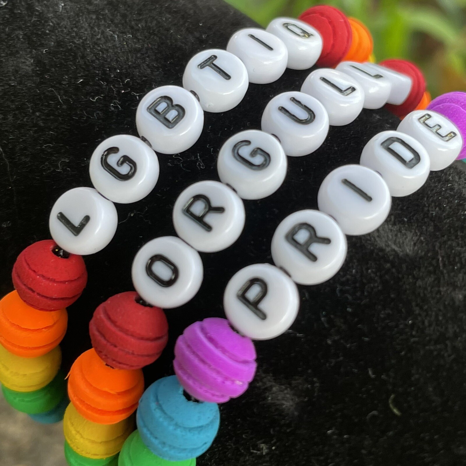 Handmade bracelet with imported Neoprene Beads and letters. LGBTIQ
