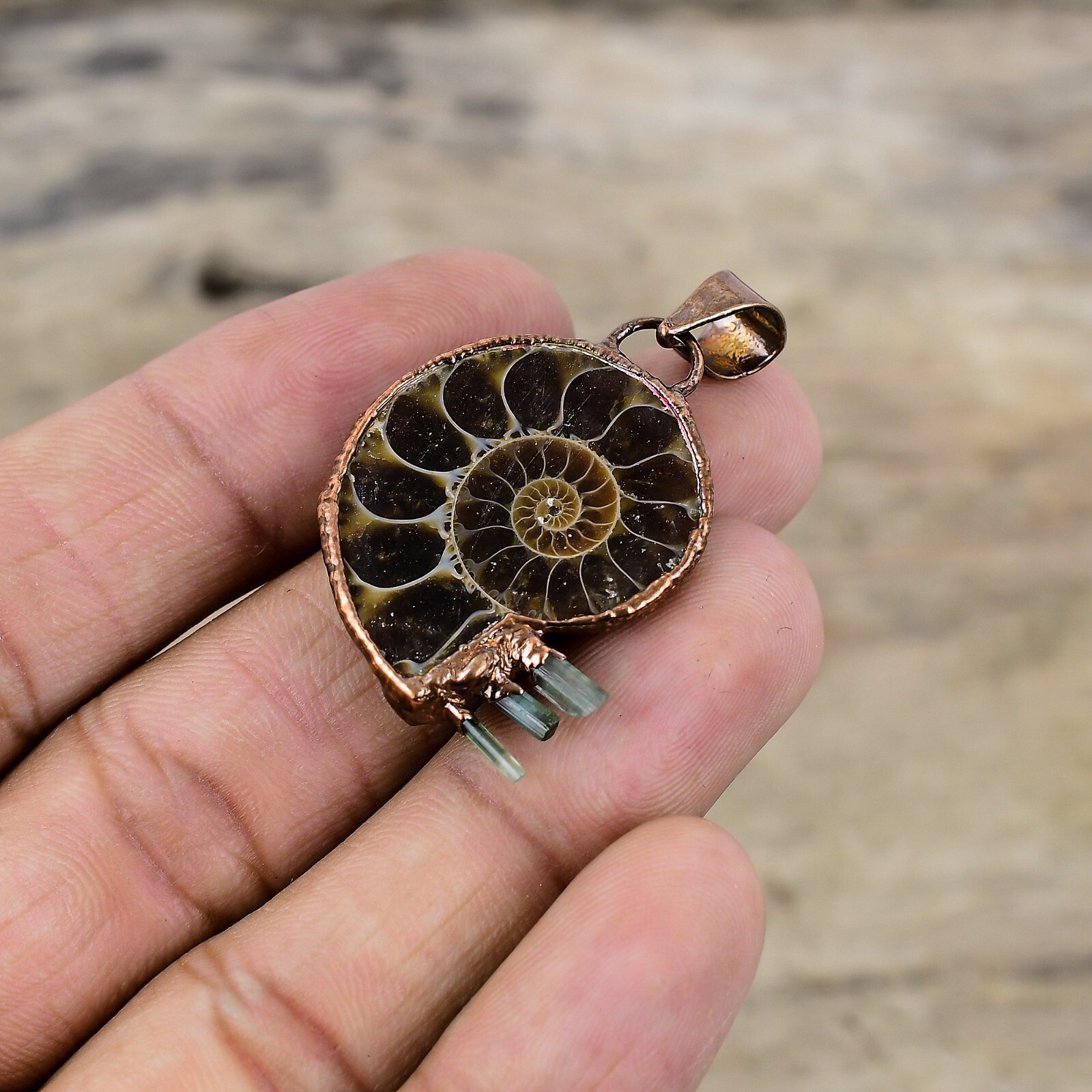 Ammonite Fossil Stone Aquamarine Rough Copper Electroformed Wife Pendant Jewelry
