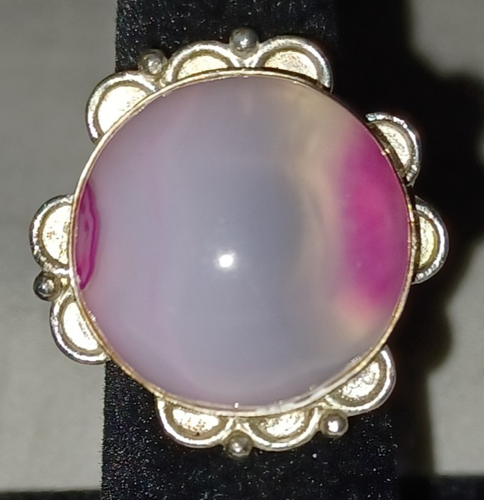 pink round stone cabochon silver ring approx size 5