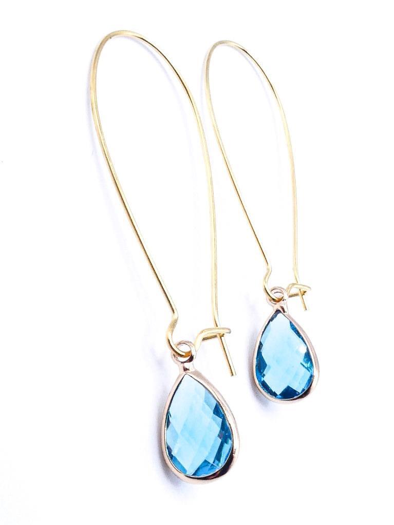 GORGEOUS Dainty Faceted Aquamarine Teal Teardrop Crystal Gold Threader Earrings