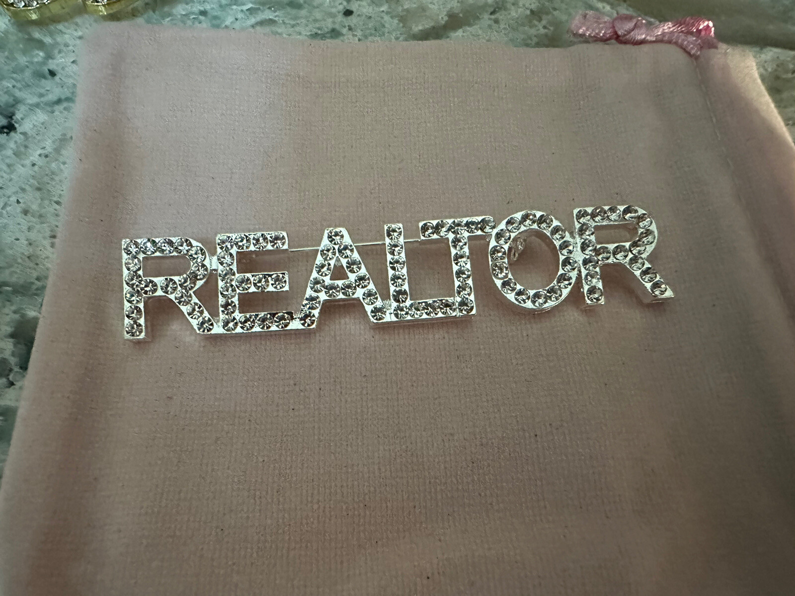 Print Font Clear realtor brooch rhinestone pin jewelry gift NEW 3”