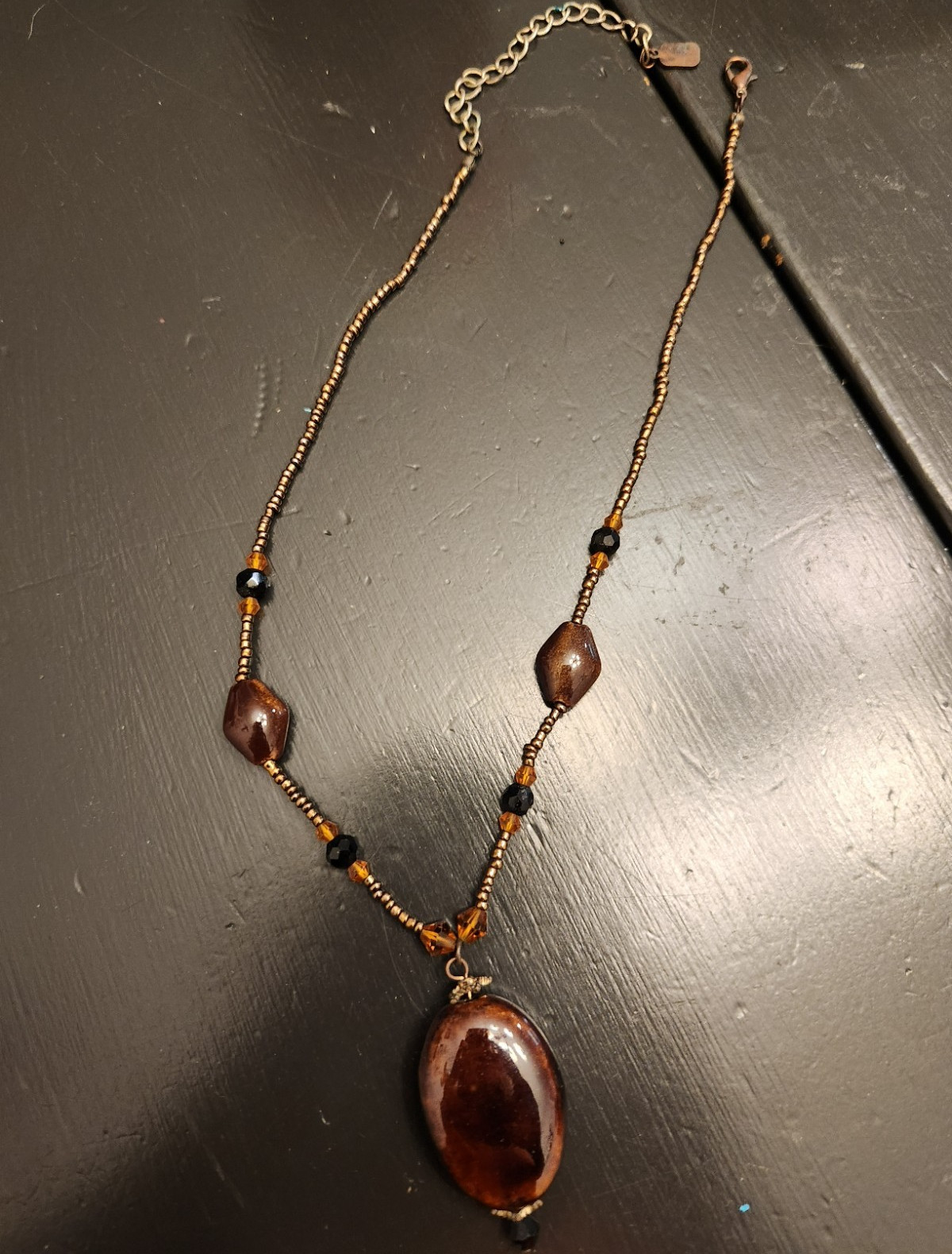 Brown Beaded Necklace Oval Charm Pendant Adjustable Lobster Clasp