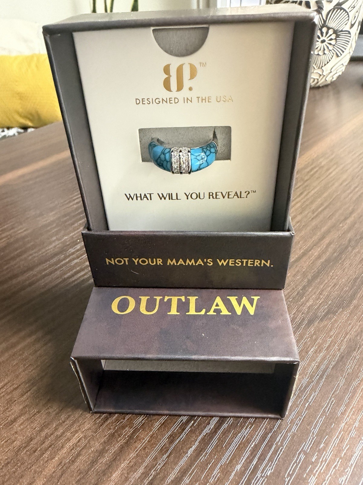 Bomb Party Ring Outlaw Collection Montana Gold Turquoise Magnesite Rhodium Sz 7
