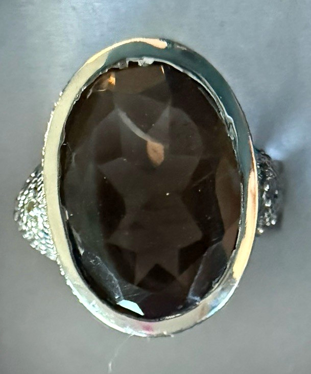 Sterling Silver 925 Oval Smoky Quartz Bezel Set Engraved Cocktail Ring Size 9