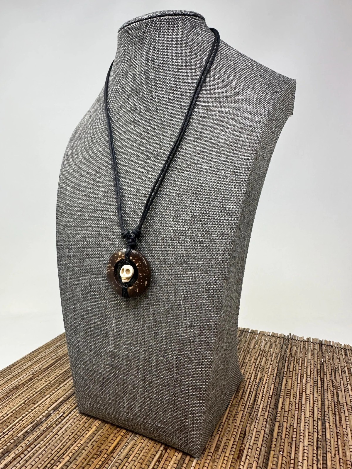 Handcrafted Coconut Shell Skull Necklace Howlite Pendant Adjustable Cord Unisex