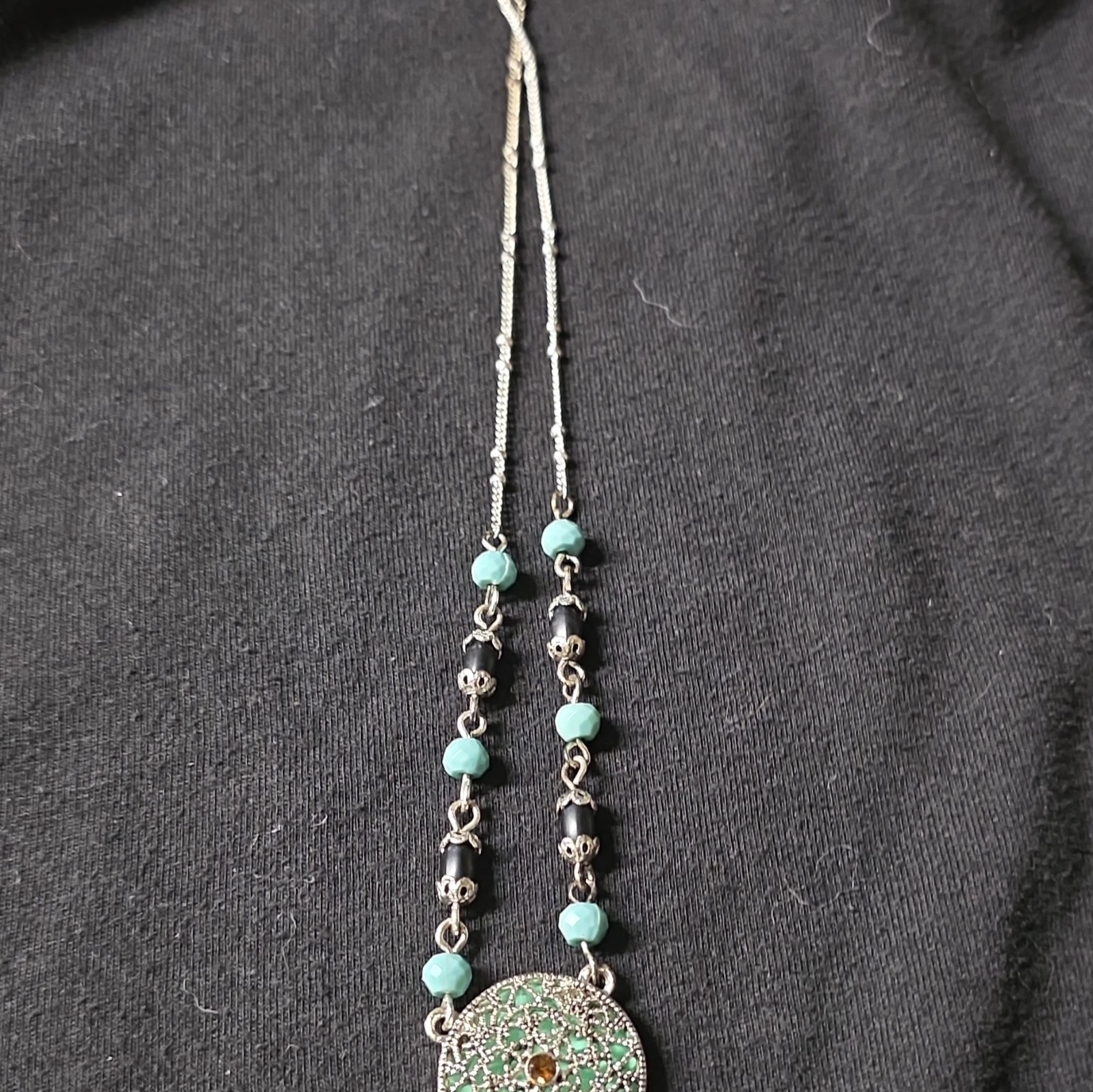 Silver Tone Beaded Necklace, Round Locket Pendant, Turquoise & Black Beads