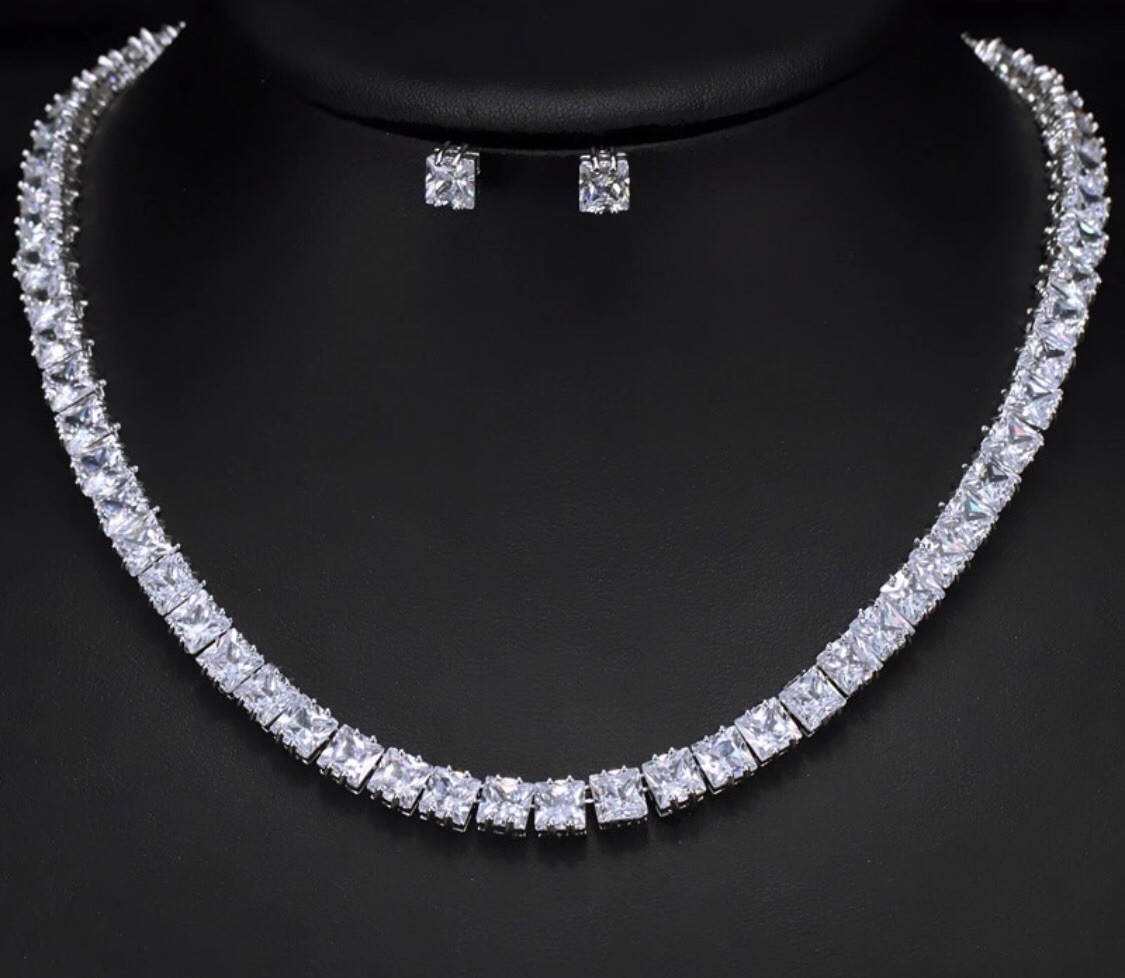 18k White Gold Plated Square Tennis Necklace Earrings made w Swarovski Crystal