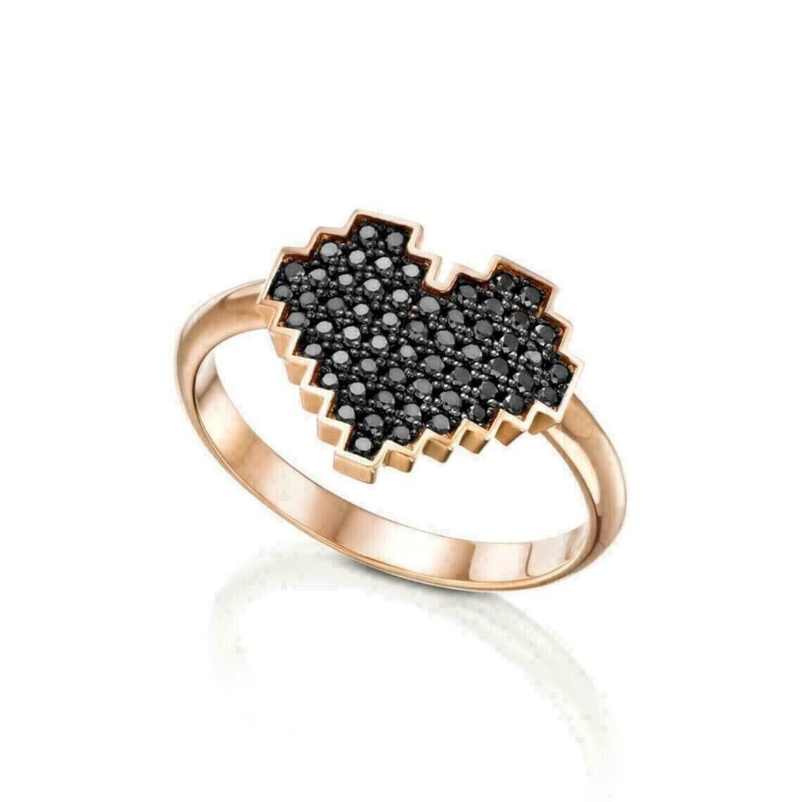 Round Cut Simulated Black Diamond Promise Heart Band Ring 14k Rose Gold Plated