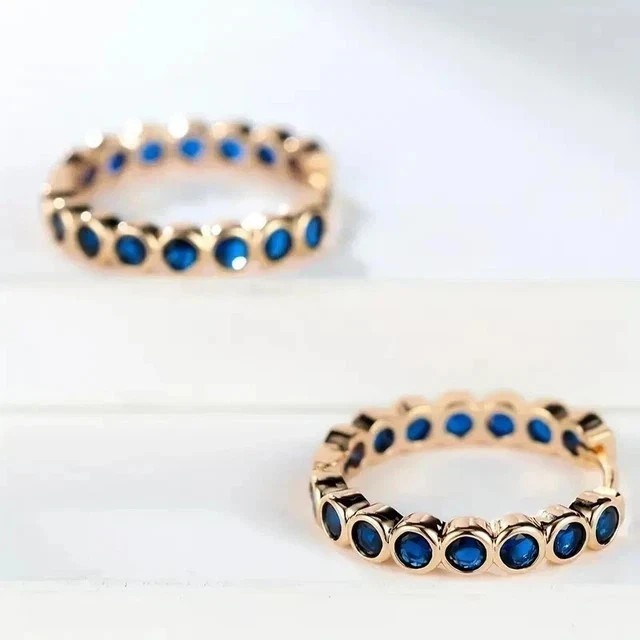 Round Cut Simulated Blue Sapphire Women’s Hoop Earrings In 14k Rose Gold Plated