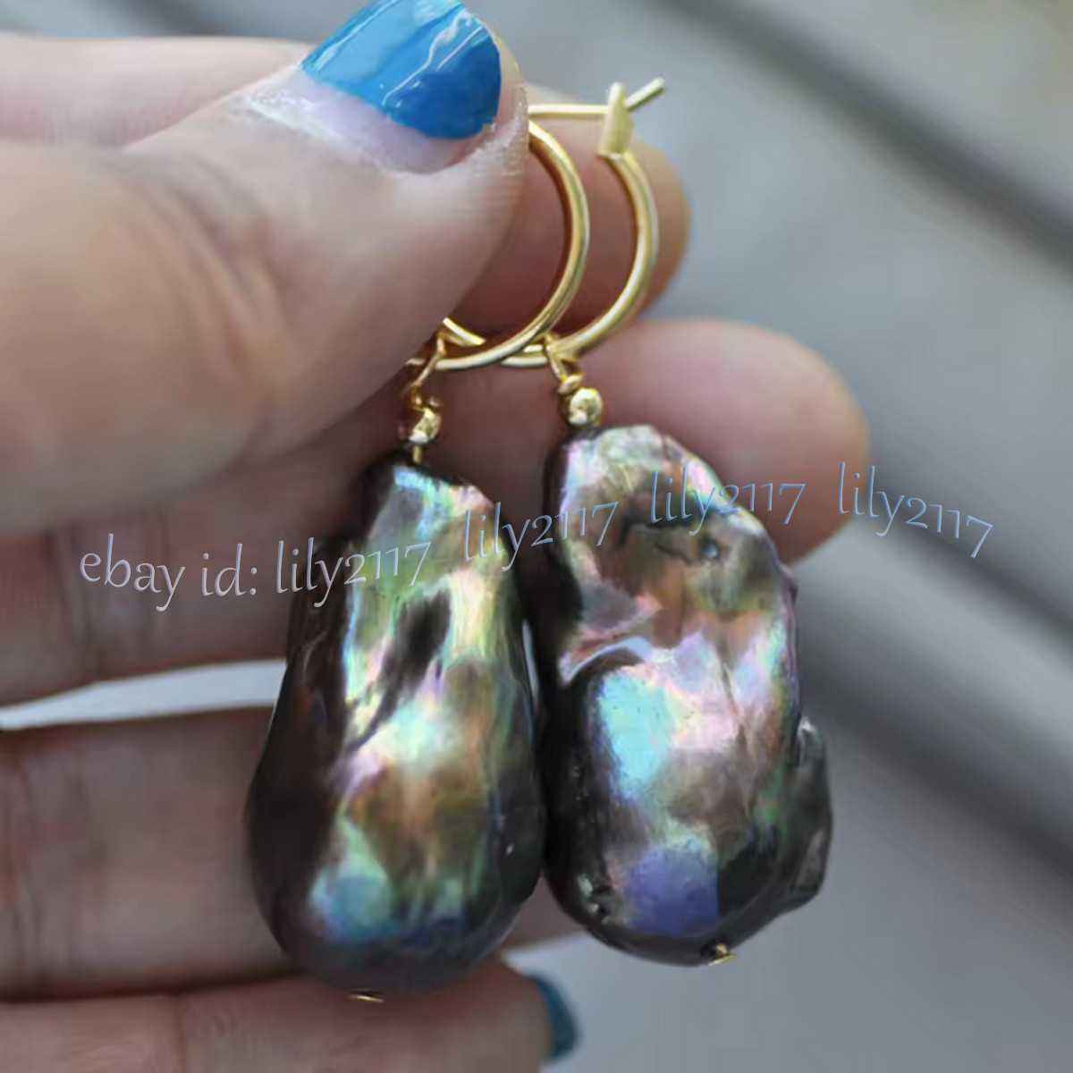 Huge 15x25mm Natural Black Keshi Baroque Pearl Dangle Earring 14K Gold Leverback