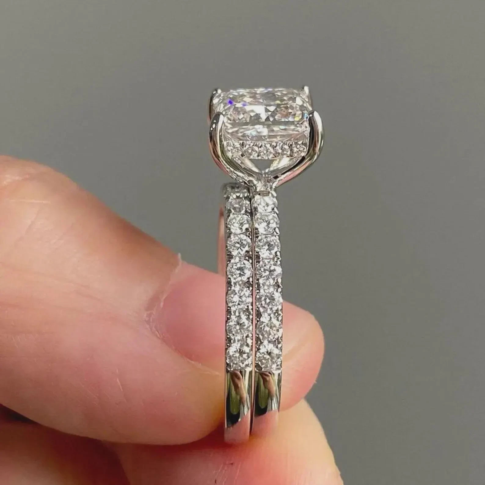 3CT Princess Cut Moissanite Engagement Ring Sets, Bridal Half Eternity Ring Sets
