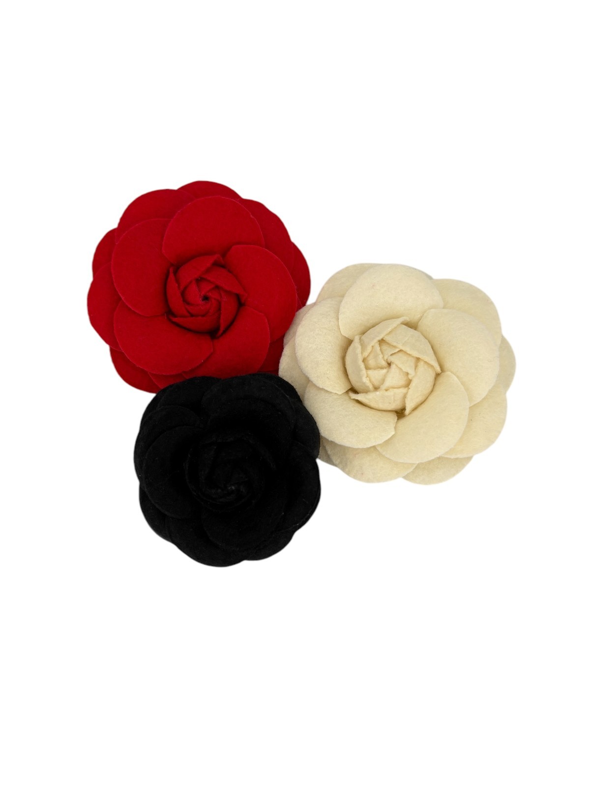 Coco Camelia Felt Cosage Brooch in Red, Black, Ivory Set