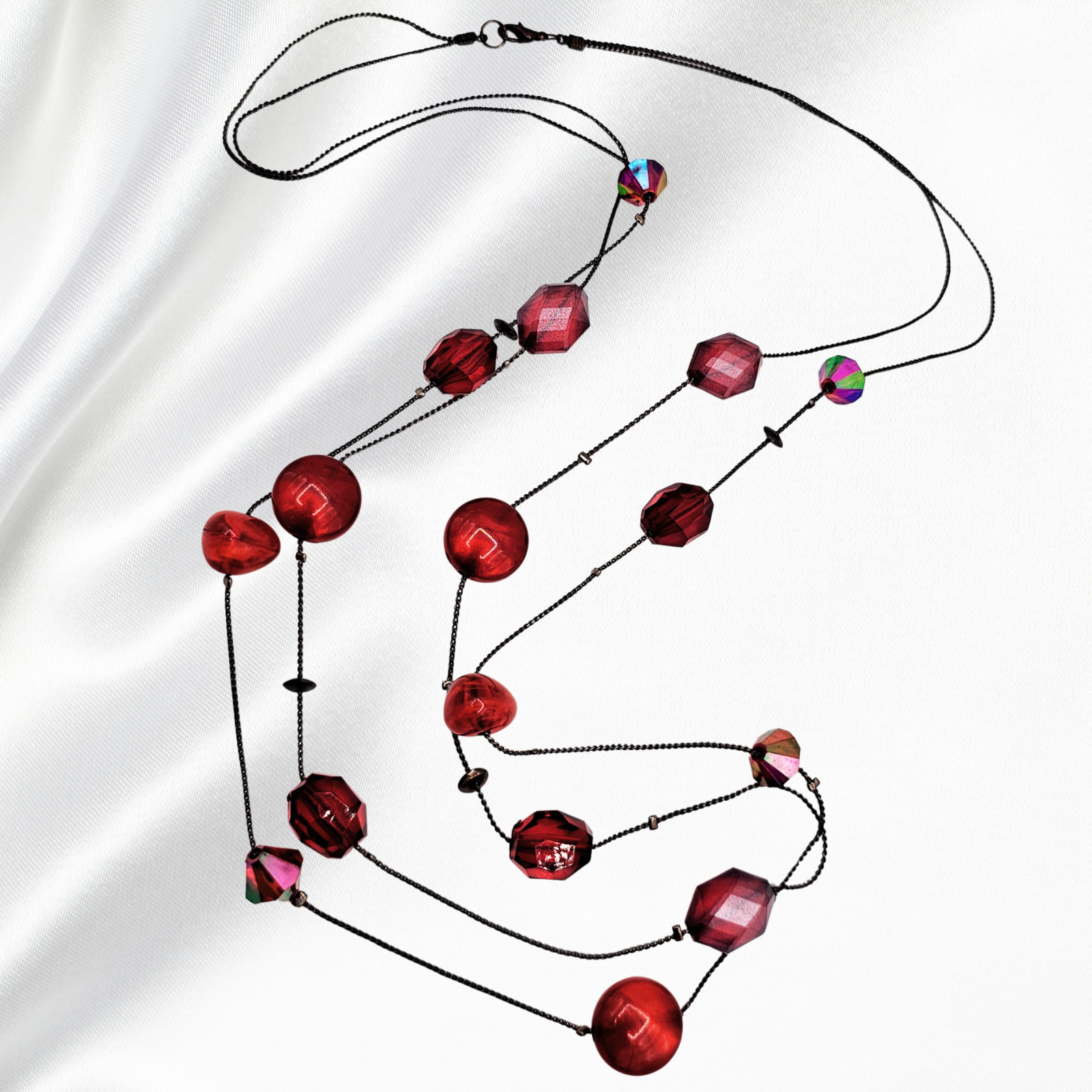 Long Red Beaded Necklace Gunmetal Chain Aurora Borealis Crystal Accent