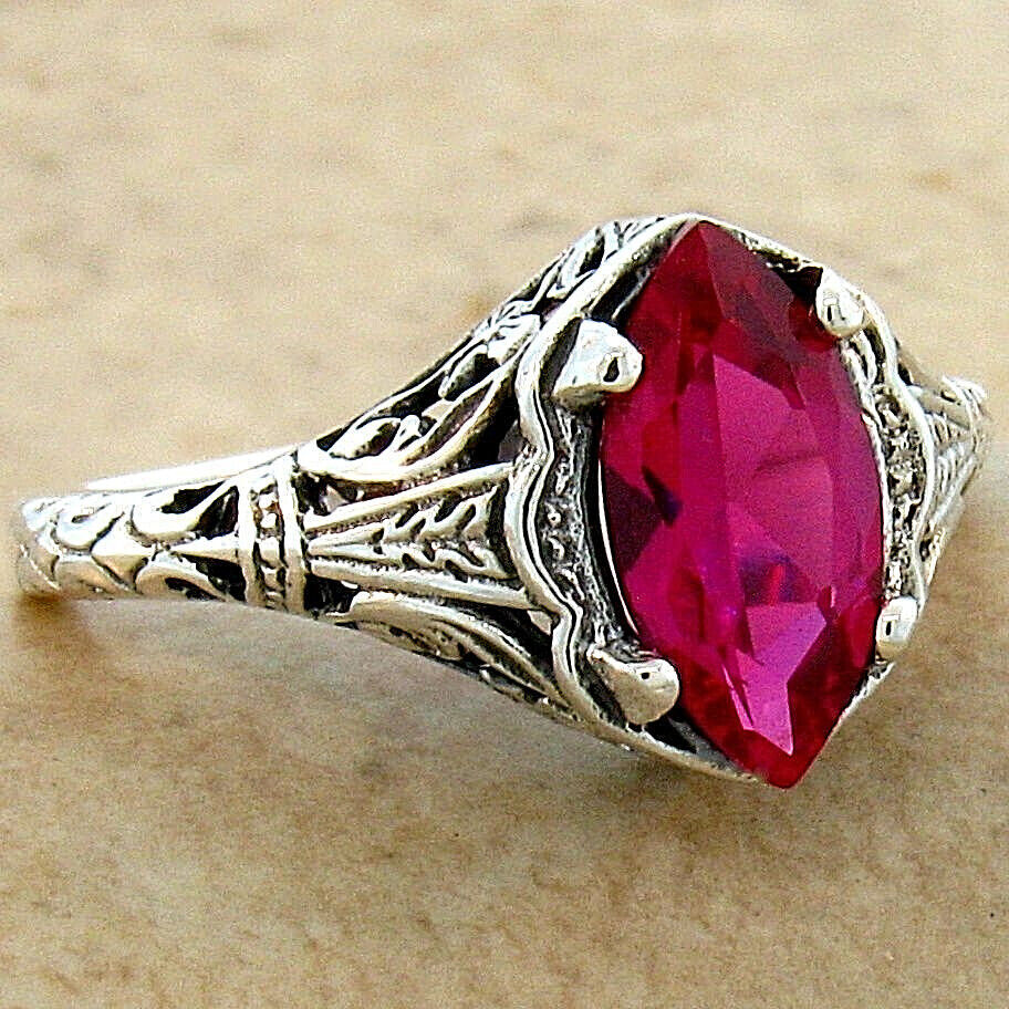 ART DECO STYLE 925 STERLING SILVER LAB-CREATED 1.20 CT. RUBY FILIGREE RING 625X
