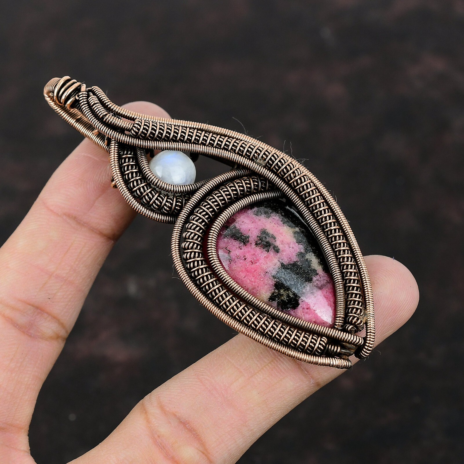 Rhodonite Gemstone Jewelry Copper Bestie Gift Wire Wrapped Pendant 3.39″