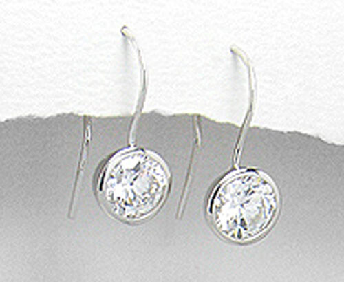 Solid Sterling Silver Bezel Set CZ Dangle Earrings 22mm=0.90″ Long 2.9g Stylish