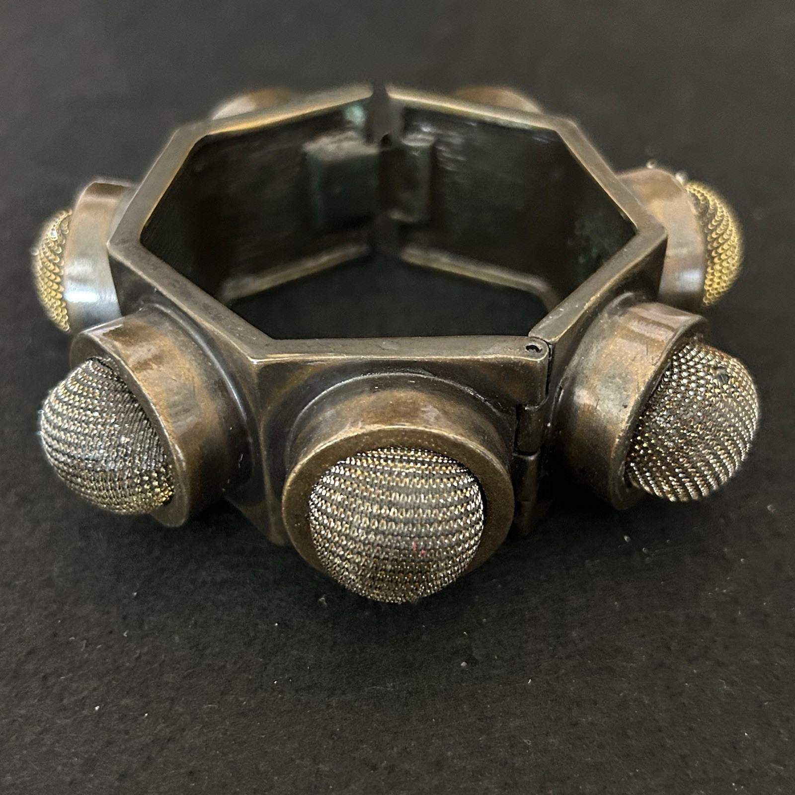 Vintage Industrial Punk Bracelet Gunmetal Mesh Stud Hinged Bangle Grunge Mic