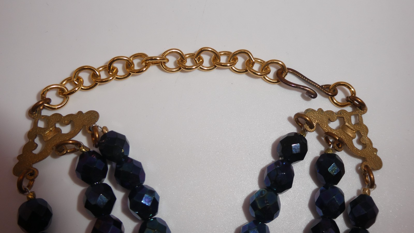 Vtg Glass Cameo 3 Strand Choker Necklace Peacock Black Blue Glass Faceted Beads