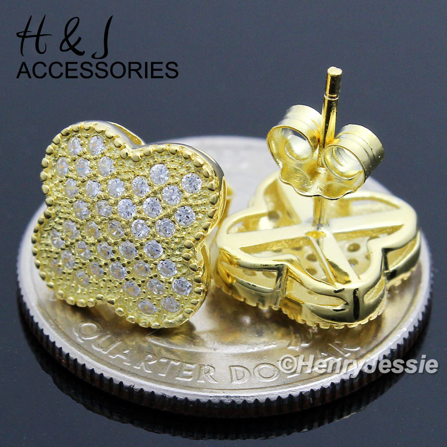 WOMEN 925 STERLING SILVER 10MM CZ FLOWER SHAPE GOLD PLATED STUD EARRING*E84
