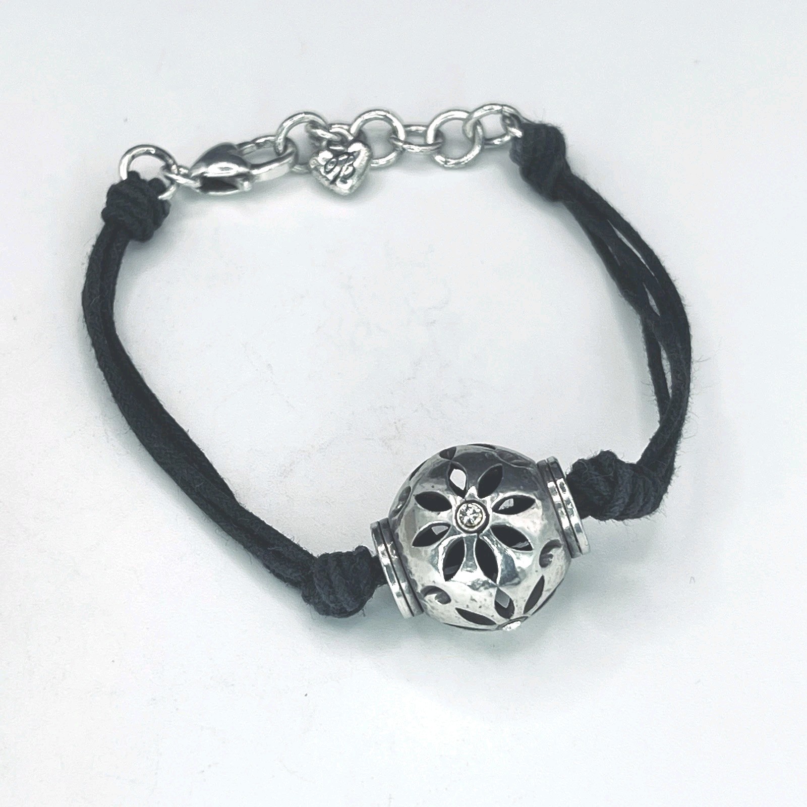 Brighton Trade Winds Bracelet Silver Openwork Floral Bead Black Cord