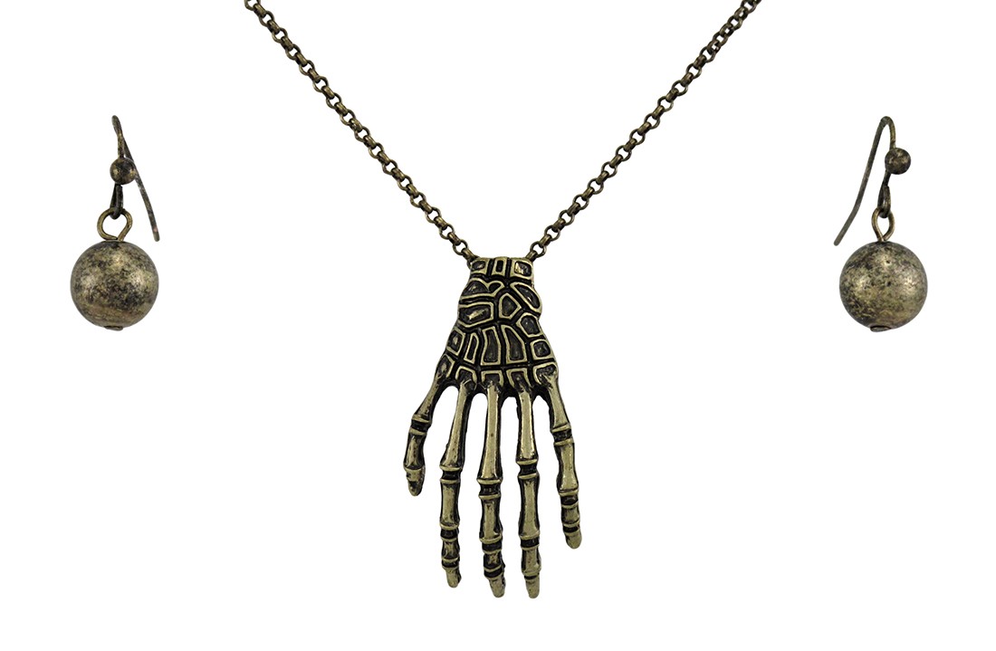 Zeckos Burnished Gold Skeleton Hand and Ball Earring Set