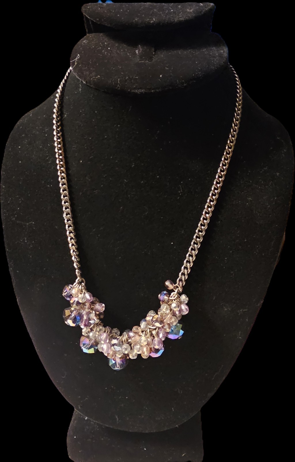Silver Tone Curb Link Chain Necklace Purple & Clear Crystal Glass Cluster