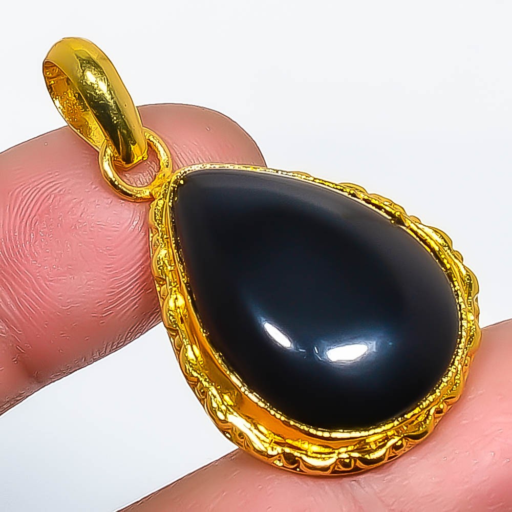 Natural Black Onyx Gemstone 925 Silver Gold Plated Pendant 1.56″ P7622-620