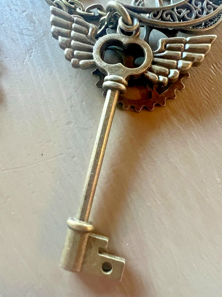 Whimsical Steampunk Charm Necklace Key Wing Clock Pendant Long