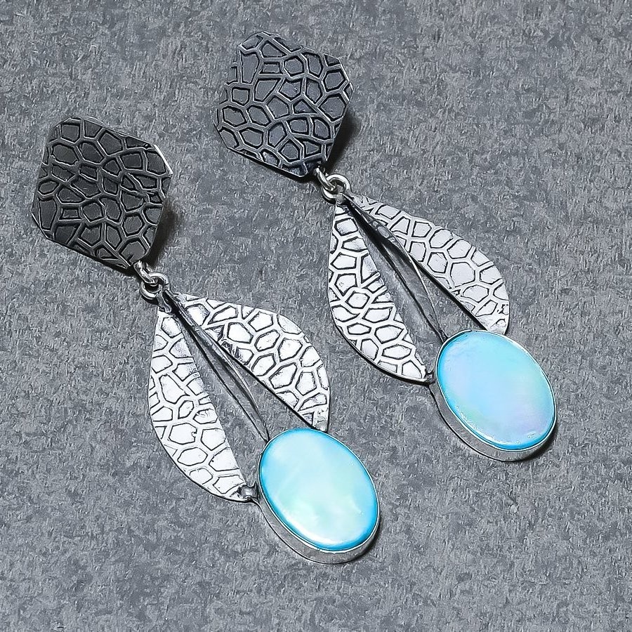 Blue Mother Of Pearl Gemstone Ethnic Drop Dangle Jewelry Earrings 2.80″ MXE 5072