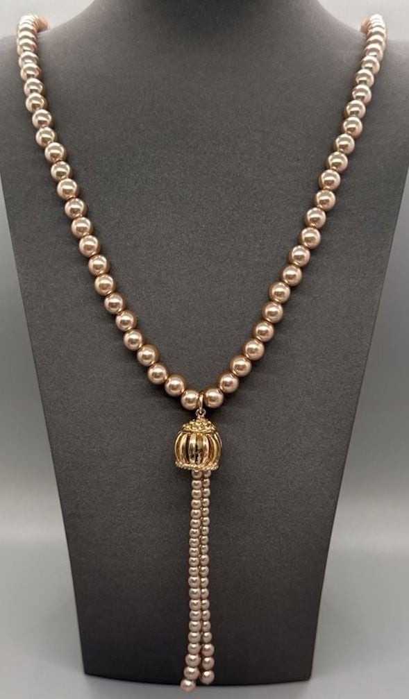 Faux Pearl Lariat Necklace w/ Gold Tone Cage Tassel, Length 29” + 4.5” Pend