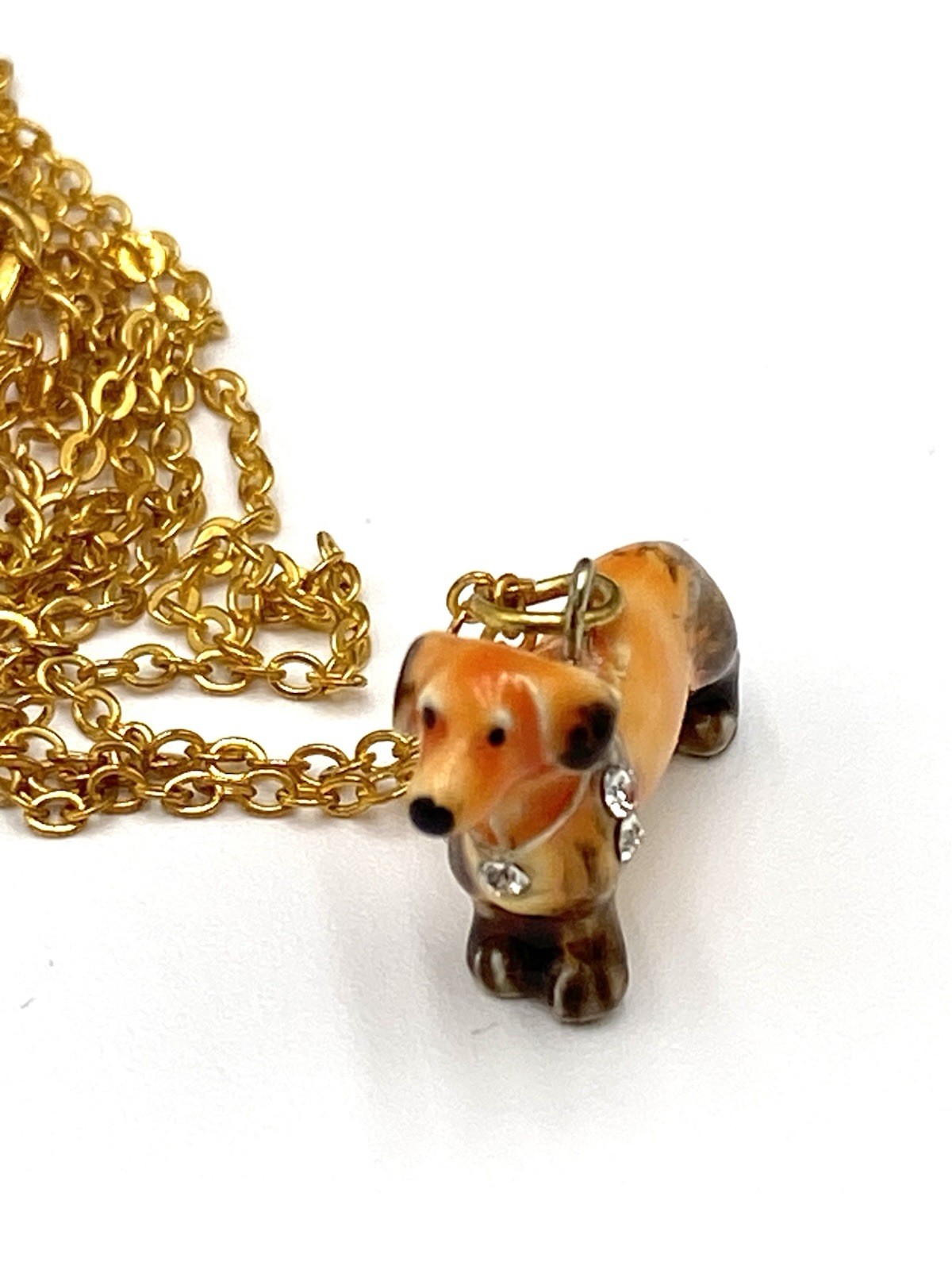 Enamel Ceramic Tiny Dachshund Pendant Necklace 20”