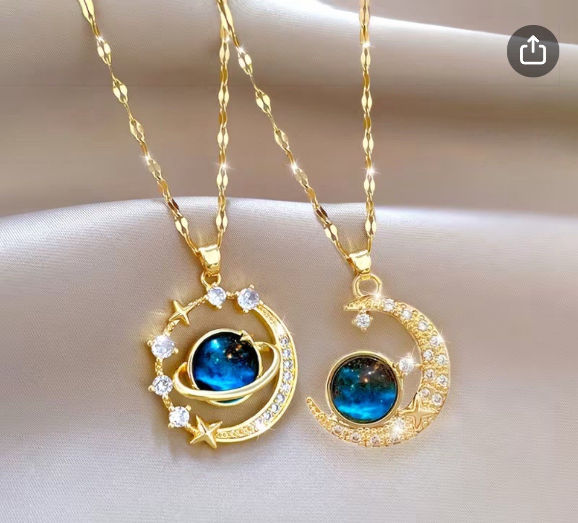 Gold Tone Moon Pendant Necklace Blue Simulated Crystal Cable Chain 40cm+5cm