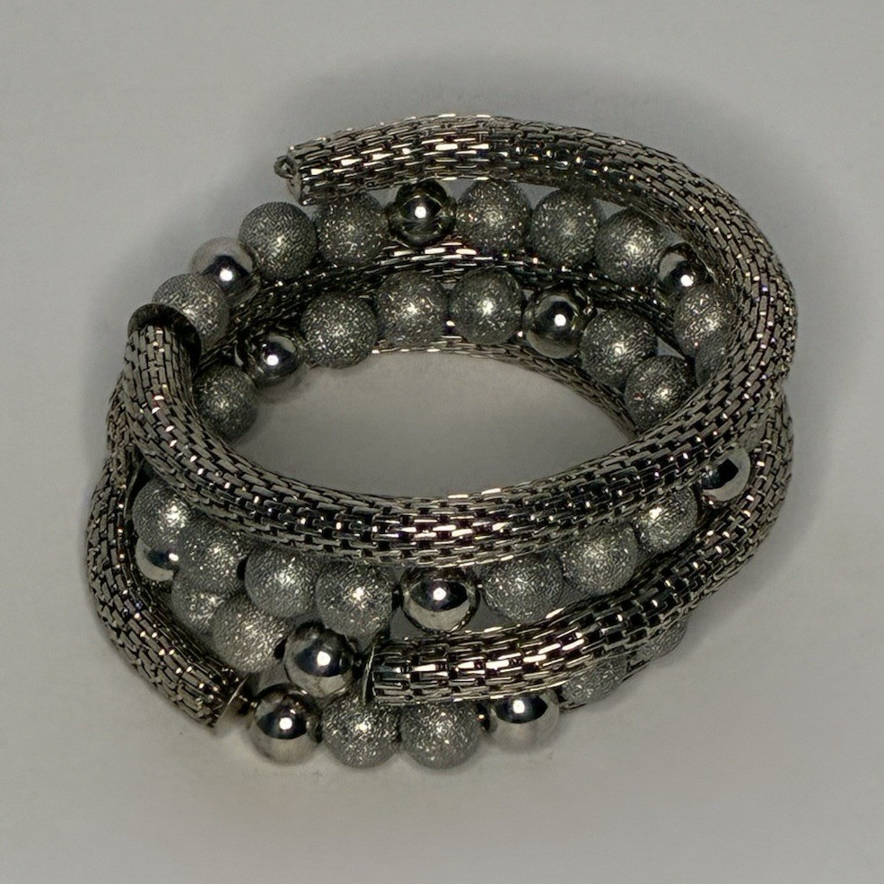 Silver Tone Gray Beaded Mesh Coil Wrap Bracelet, Stackable, No Clasp